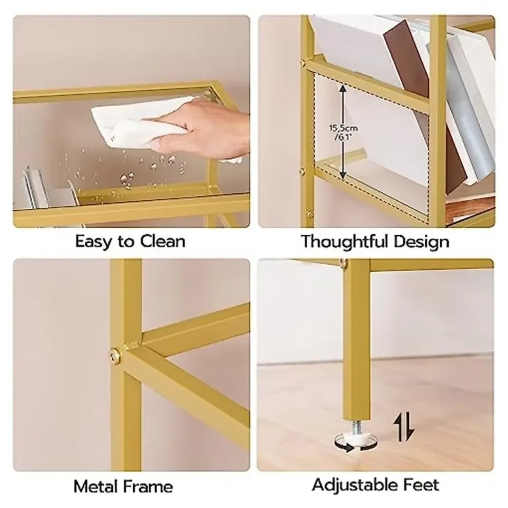 HOOBRO Gold 3 Tier Glass Shelf Bookcase Slim Storage Rack New Open Box